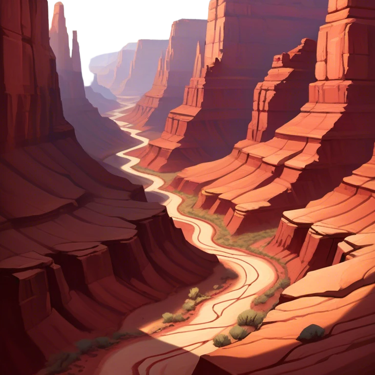 Cinematic Realistic Canyon Emoji, Vast and rugged, with deep red rock formations and winding paths leading down to a dry, dusty floor. Sunlight casts long shadows across the craggy surfaces, highlighting the layers of ancient rock. Soft glowing outline, capturing the essence of dramatic beauty and ancient history in a mighty canyon. emoji