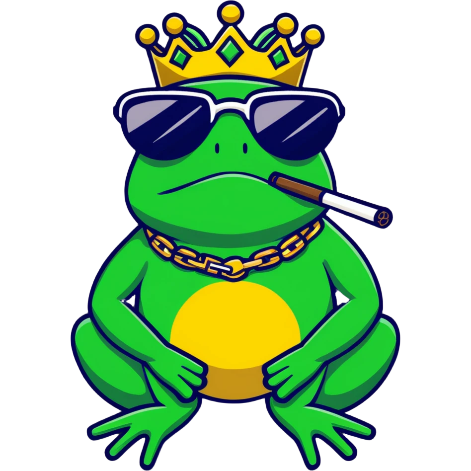 gangster frog wearing a gold crown smoking a blunt, cool sunglasses, gold chain emoji