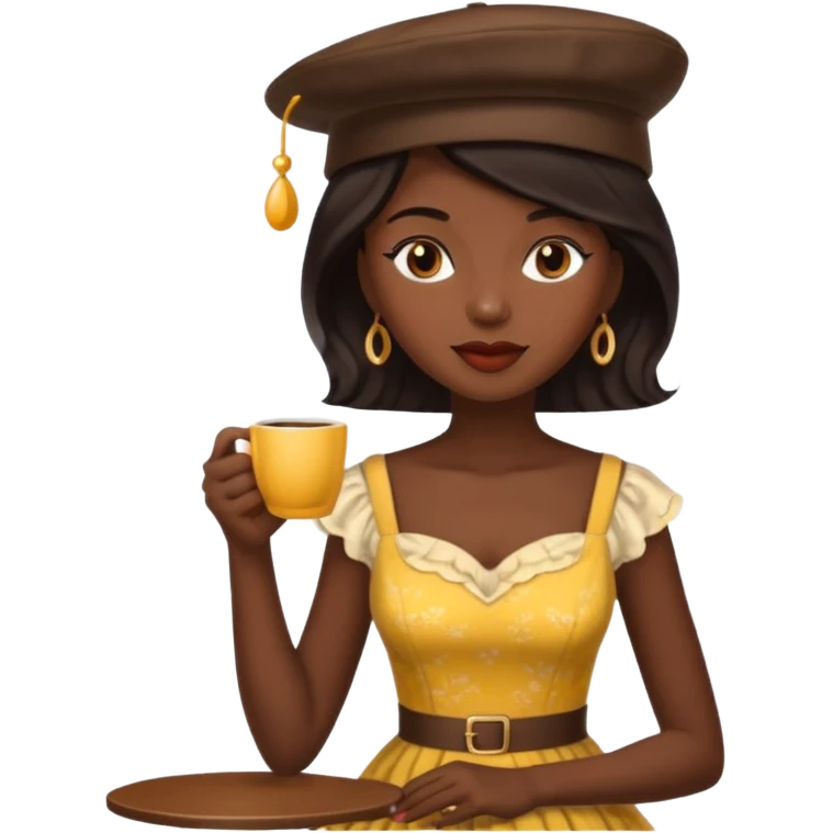black woman drink coffe with hat dress  emoji