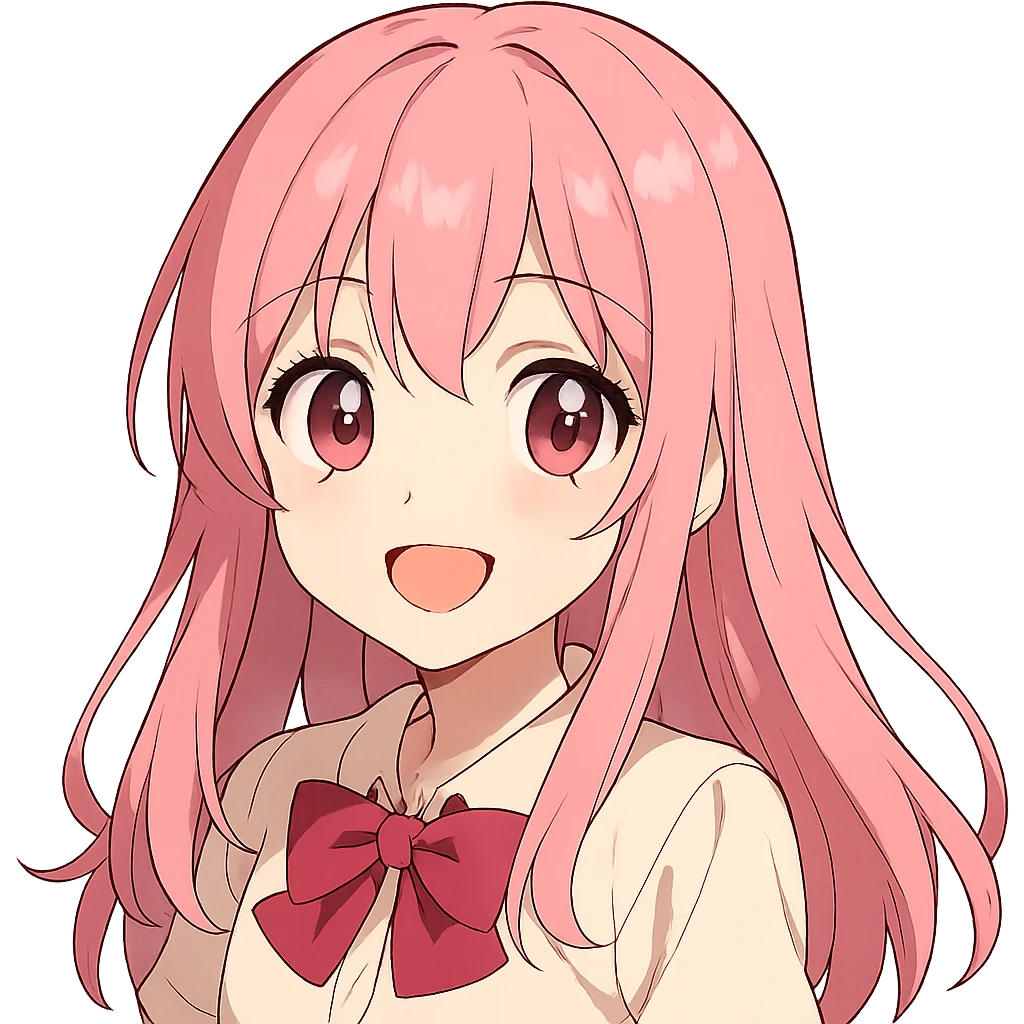 anime girl with pink hair, big eyes, smiling emoji