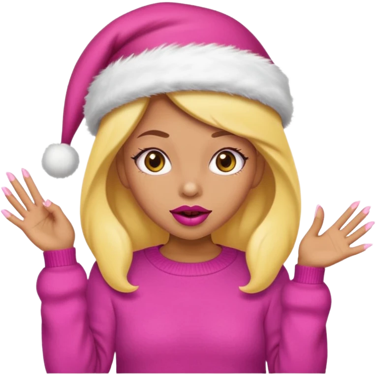 Sassy, cunty, girly Santa emoji with big lips, fake nails, pink sweater, and a pink santa hat (similar emoji style to uploaded). Yellow emoji. emoji