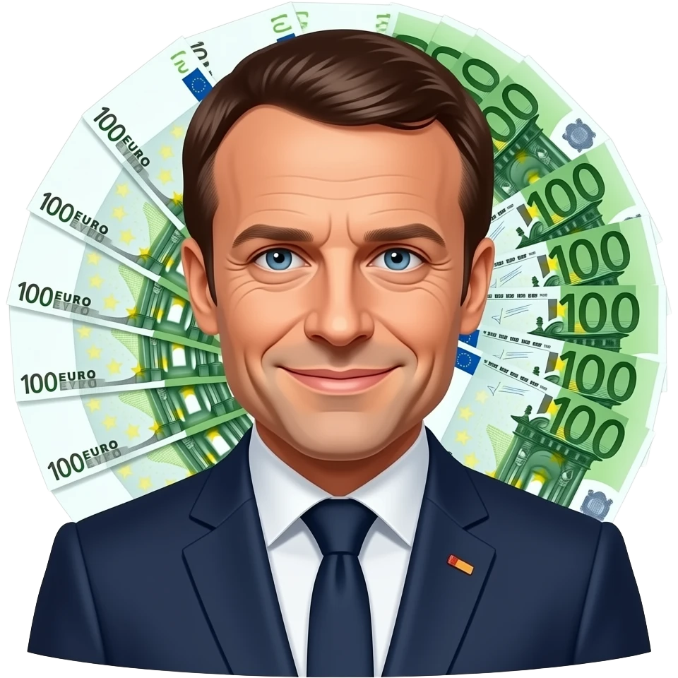 Emmanuel Macron with a lot of €uro bill behind him emoji