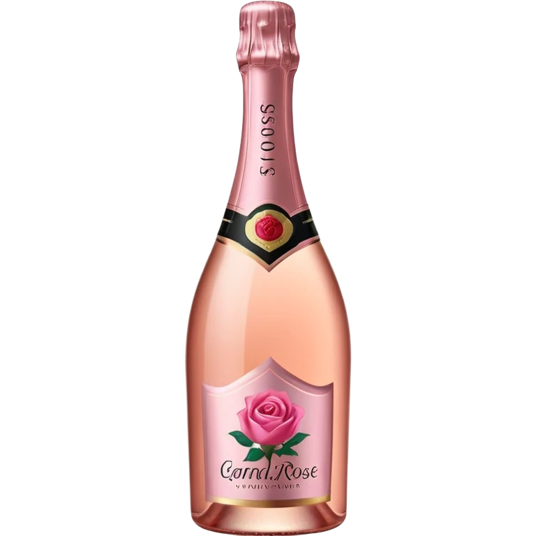 bottle of sparkling rosé champagne with a rose logo on the label, tilted up and to the right, no glass emoji