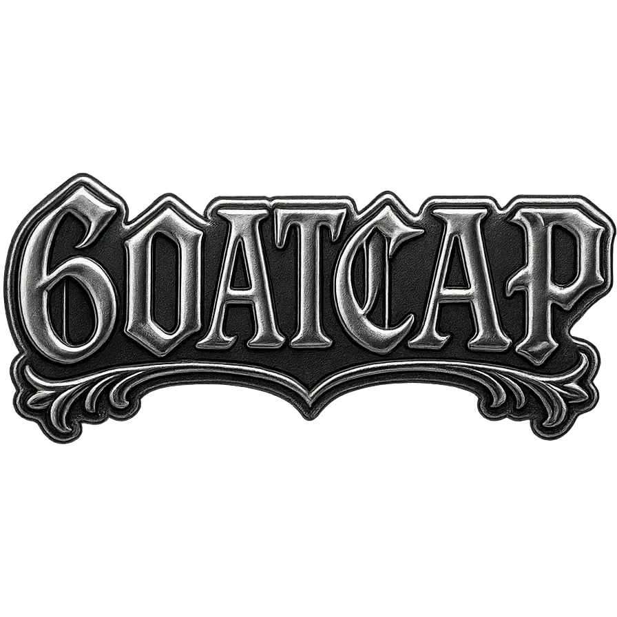 sticker with the text '60ATCAP' in the style of Chrome Hearts, bold gothic lettering, metallic chrome effects, ornate details emoji