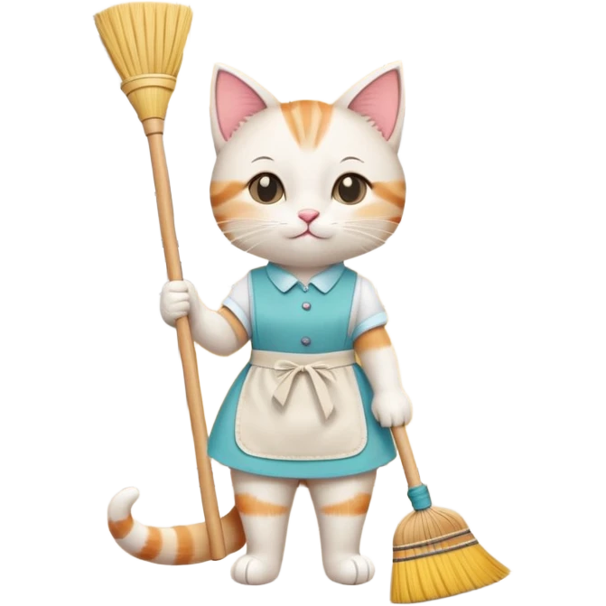 A cute cartoon cat wearing a tiny apron, holding a small broom, sweeping the kitchen floor with a playful expression. The background shows simple kitchen elements like a cabinet and a fridge. Bright and cheerful colors. emoji