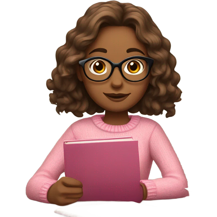 a girl with shoulder length and wavy brown hair, with glasses, studying at a desk. she is wearing a pink sweater  emoji
