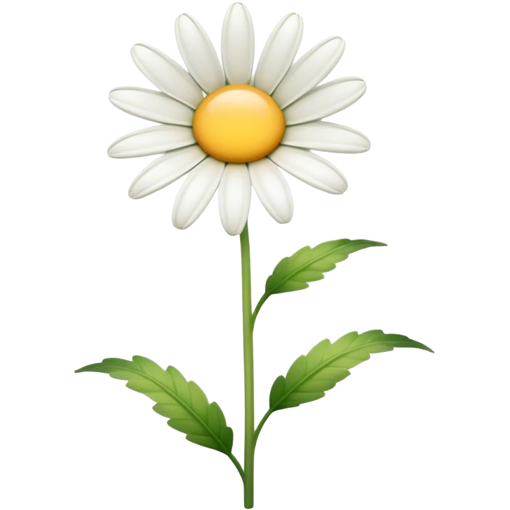 Cinematic Realistic Daisy Emoji, Cheerful and pure, with bright white petals surrounding a sunny yellow center, standing proudly atop a slender green stem. The soft, vibrant petals seem to radiate positivity, while a few green leaves frame the delicate flower. Soft glowing outline, capturing the essence of simplicity, innocence, and happiness in a single daisy. emoji