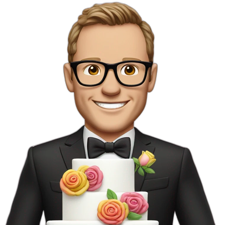 Jonathan Toews wearing glasses as a triple decker rainbow wedding cake with pastel roses emoji