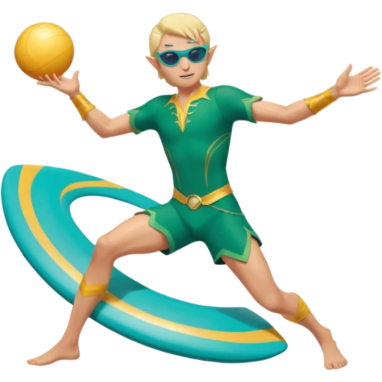 elf male legolas launching a frisbee woven from pure sunlight, wearing sporty teal swim shorts and performance sunglasses, athletic pose, pointy ears, dynamic motion lines, beach sky backdrop, centered emoji emoji