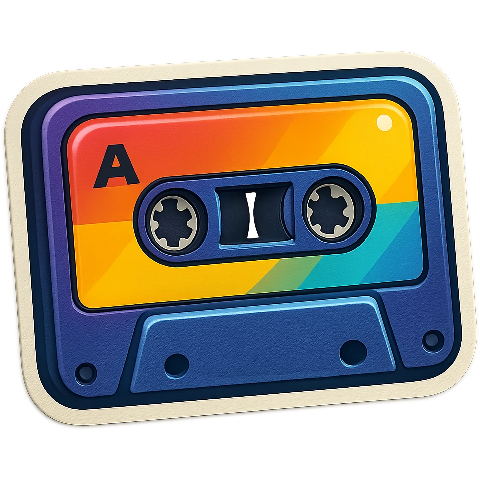 a cassette tape with colorful label, retro sticker style emoji