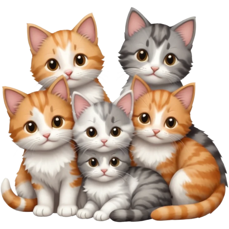6 tiny kittens cuddling together all various different natural colours including grey and white, ginger and white, calico, grey, and brown tabby and white emoji