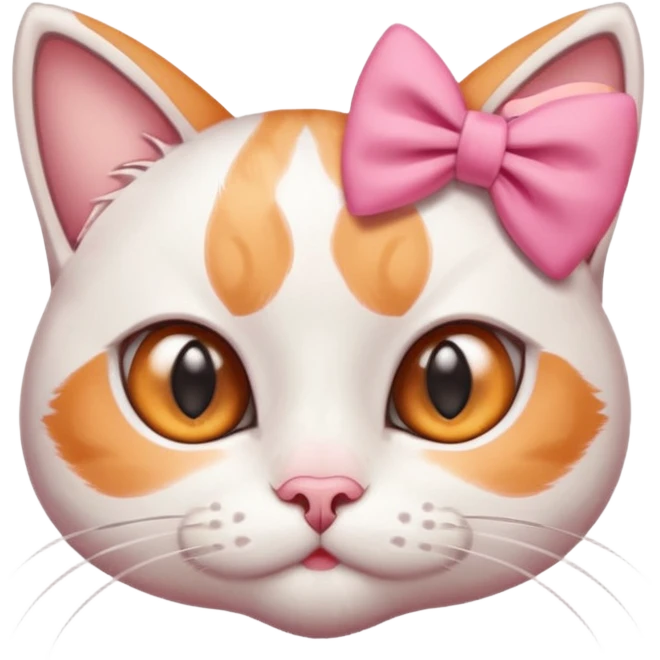 cute white and orange cat with big eyes and a pink bow on its ear, simplified and expressive emoji