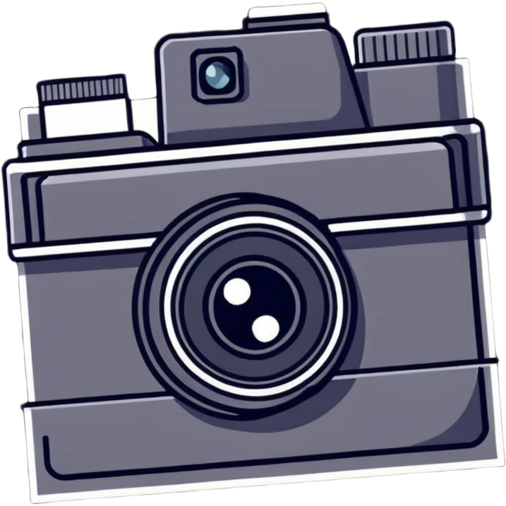Film photography setup with camera, film rolls, and developed photos emoji