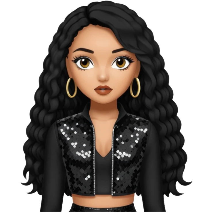 Leigh-Anne Pinnock from Little Mix with long black hair, black sequin outfit emoji