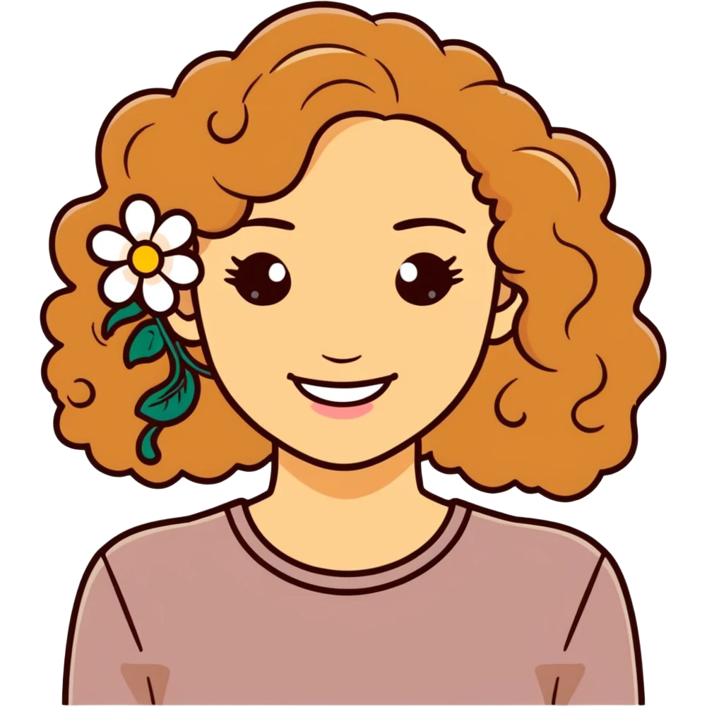 lady with big brown blonde curly hair light skin  with a flower behind her ear smiling  emoji