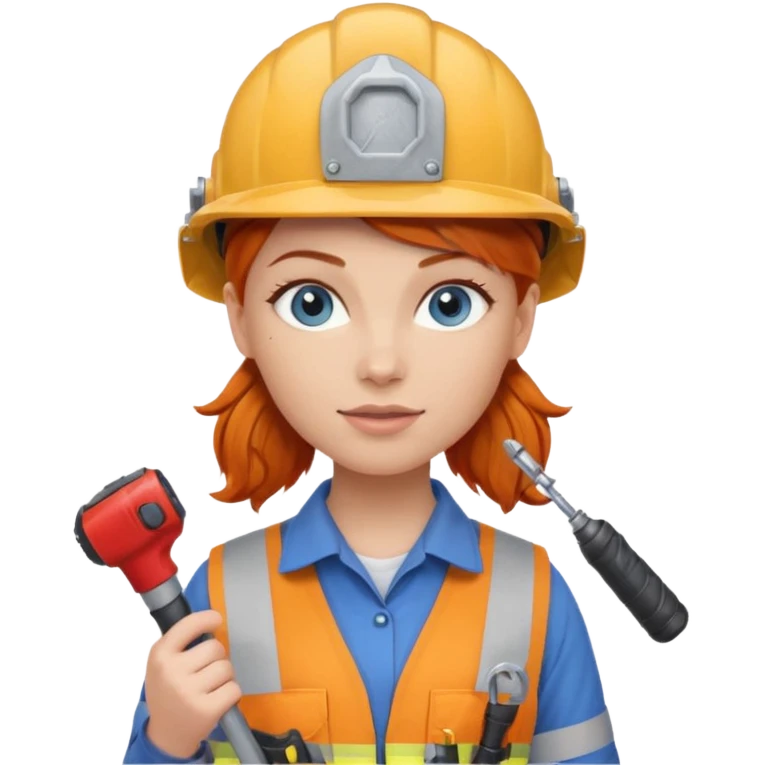 A ginger haired girl blue eyes, handyman Outfit, wearing a Helmet, with drill emoji