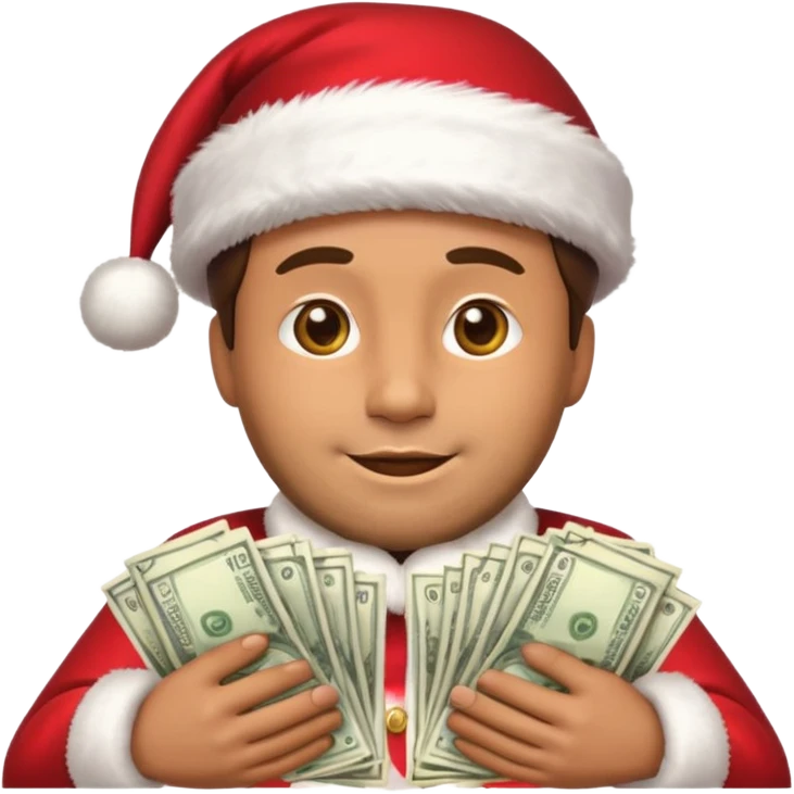 A confident rich emoji face wearing a Santa hat, money stacks, casino vibe, New Year theme, premium 3D emoji style, sharp details, no text, isolated on transparent background emoji
