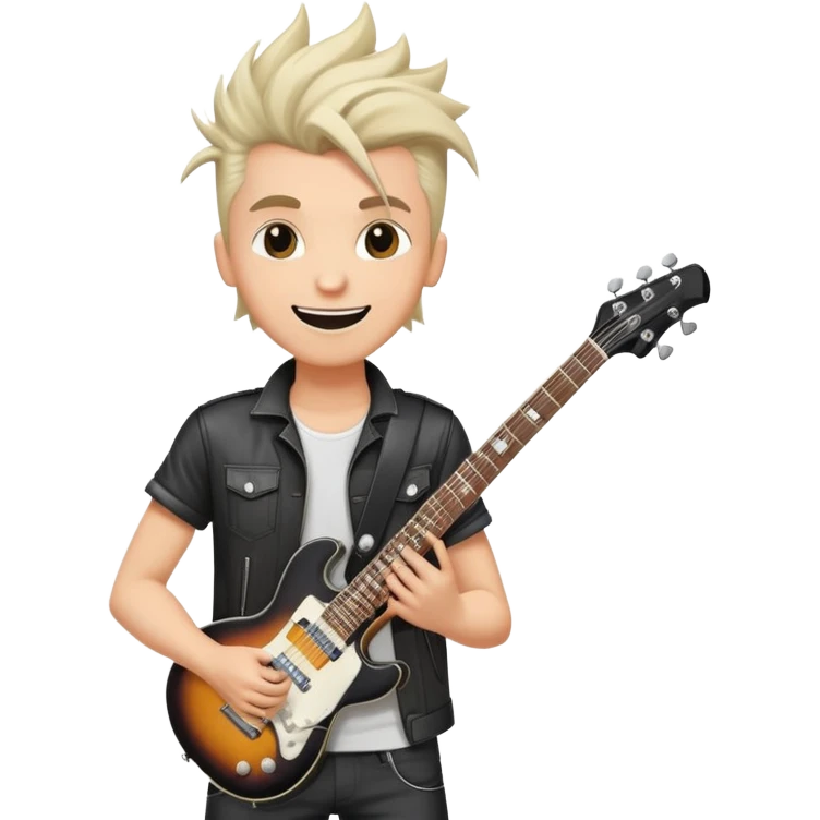 Rockstar musician with a confident smile looking up, electric guitar, cool hairstyle, rock and roll attitude emoji