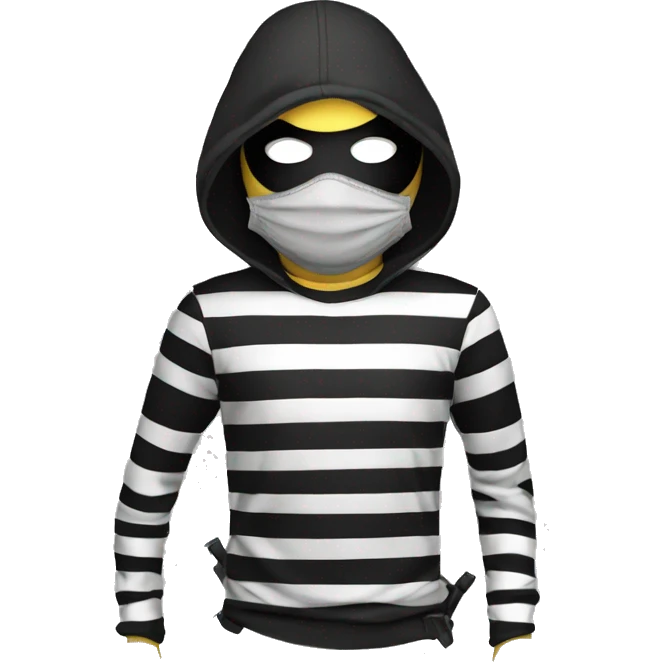 a masked robber in a black and white striped T-shirt with a bag with a dollar painted on it emoji