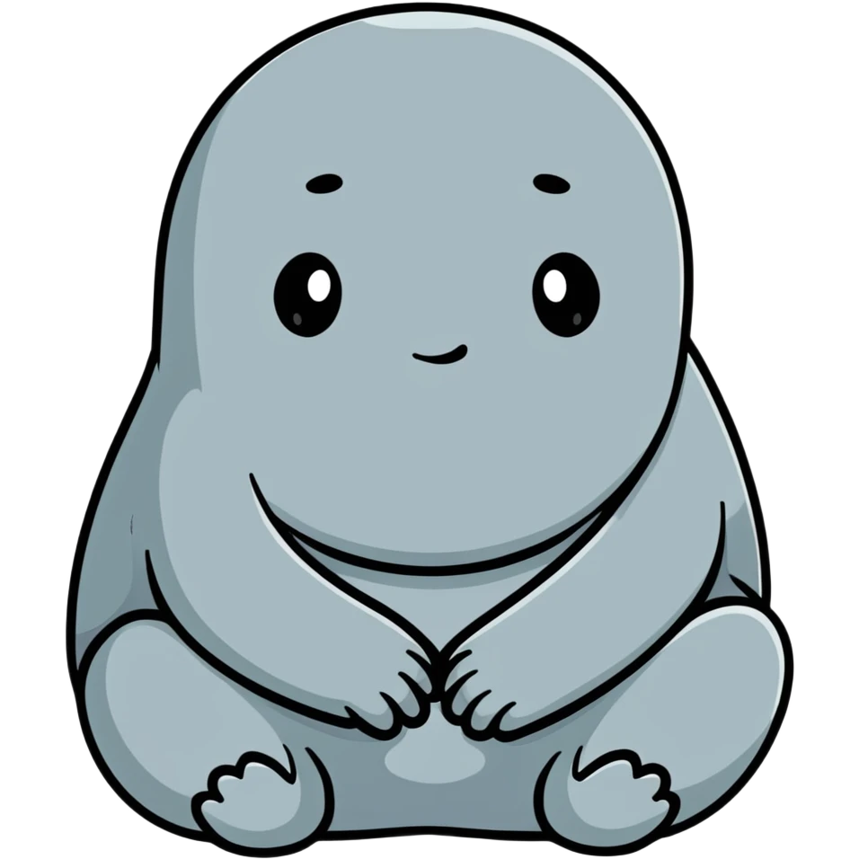 Zhdun (The One Who Waits), a cute gray blob-like creature with wrinkled skin, no neck, tiny hands resting on lap, patiently waiting emoji