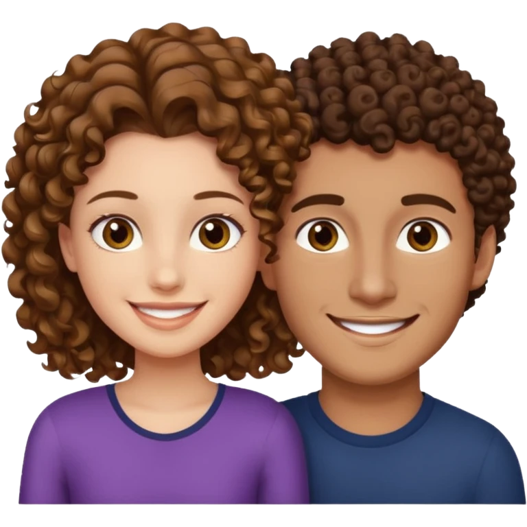Açık kumral saçlı ela gözlü beyaz tenli erkek ve saçları koyu kahverengi ,kıvırcık saçlı kız yan yana gülümsüyor emoji