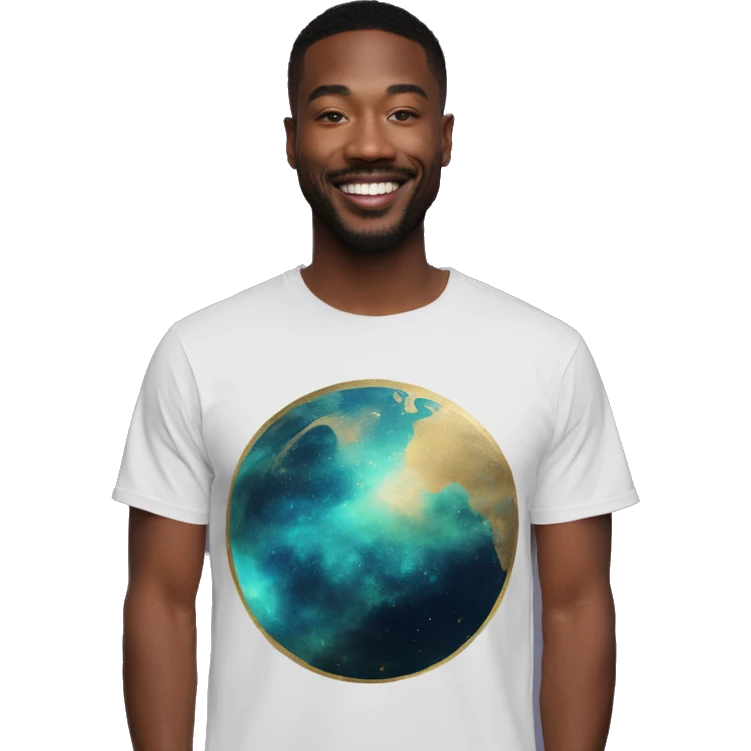 Person wearing T shirt with vintage gilded earth on it and nebulas t shirt emoji