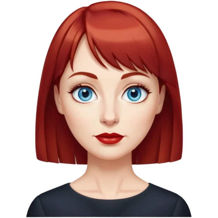 Middle-aged woman with fair skin, wider oval face, blue eyes, thin eyebrows, small nose, red lips, dark red hair with straight bangs, age-appropriate features, wearing a black blouse emoji