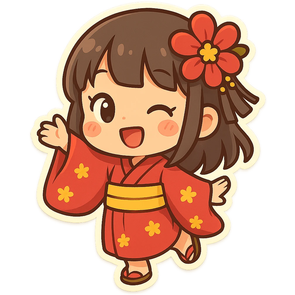 cute Japanese girl, chibi style, oversized head, playful pose, bright colors emoji