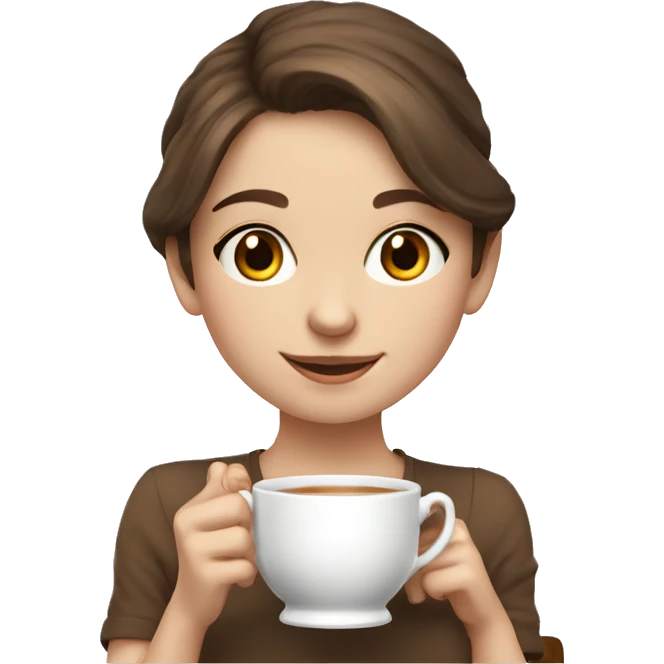 cute girl drinking tea brown hair, smiling and pale skin emoji