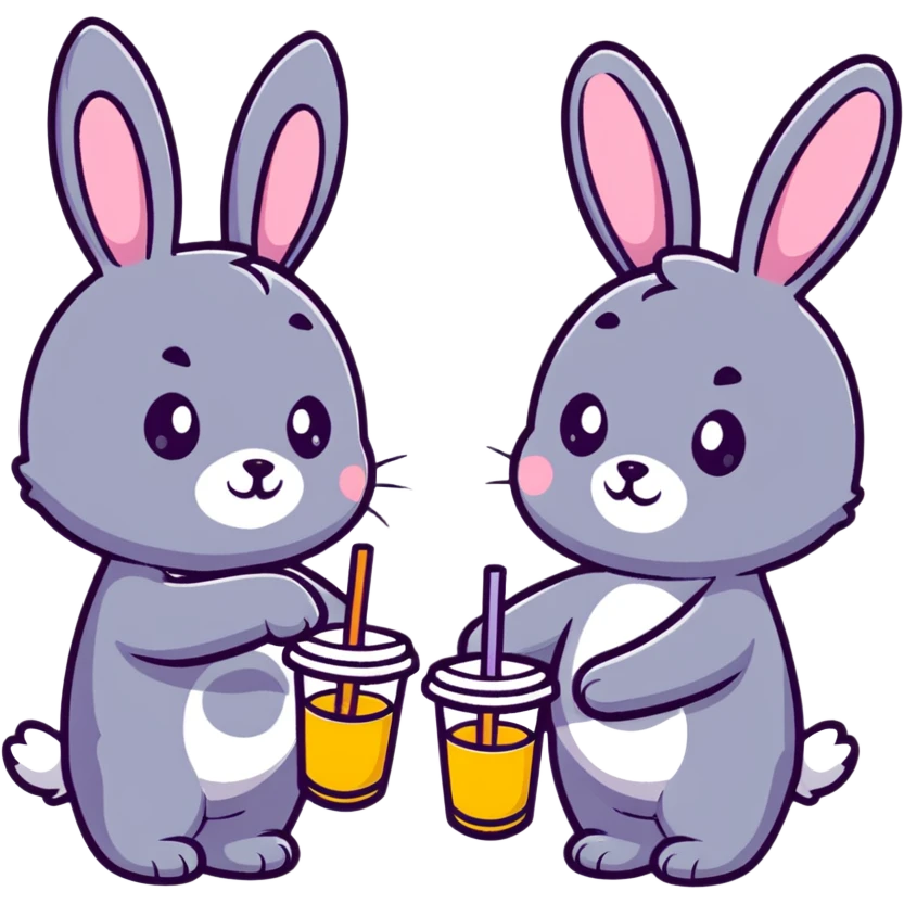 bunny and bear clinking juice cups under string lights, cartoonish sticker style emoji
