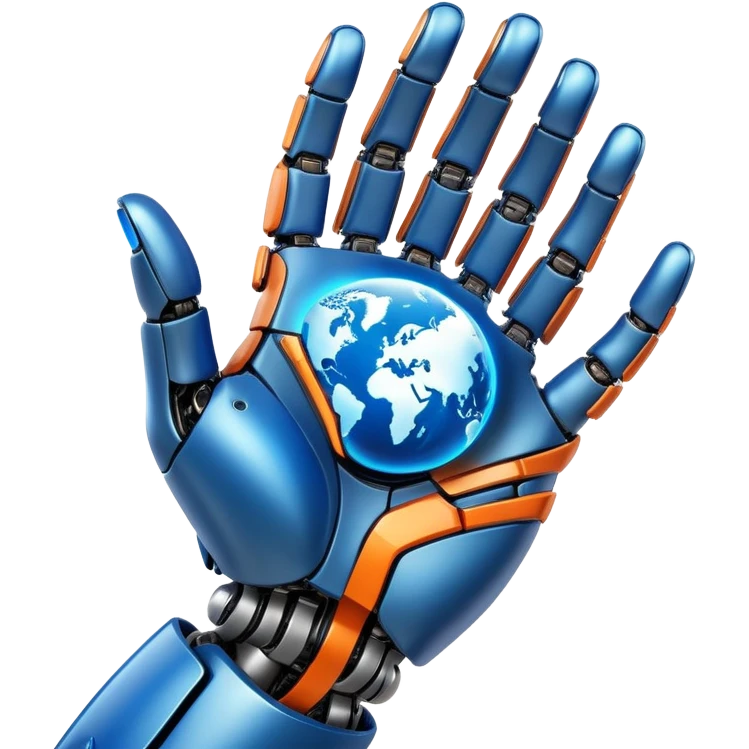Earth held by a futuristic robotic hand, glowing with blue and orange digital lines, with a high-tech and futuristic atmosphere emoji