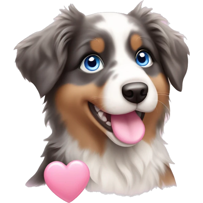 australian shepherd puppy with cute blue eyes holding a light pink heart in it mouth emoji