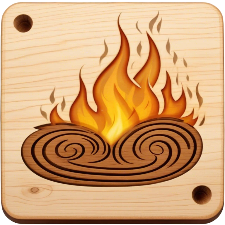 Pyrography icon, piece of wood with half-burned intricate patterns, pyrography tool emitting heat, visible burn marks and ongoing design process, smoke rising from the wood, wood texture, minimalistic style, clean lines, transparent background. emoji