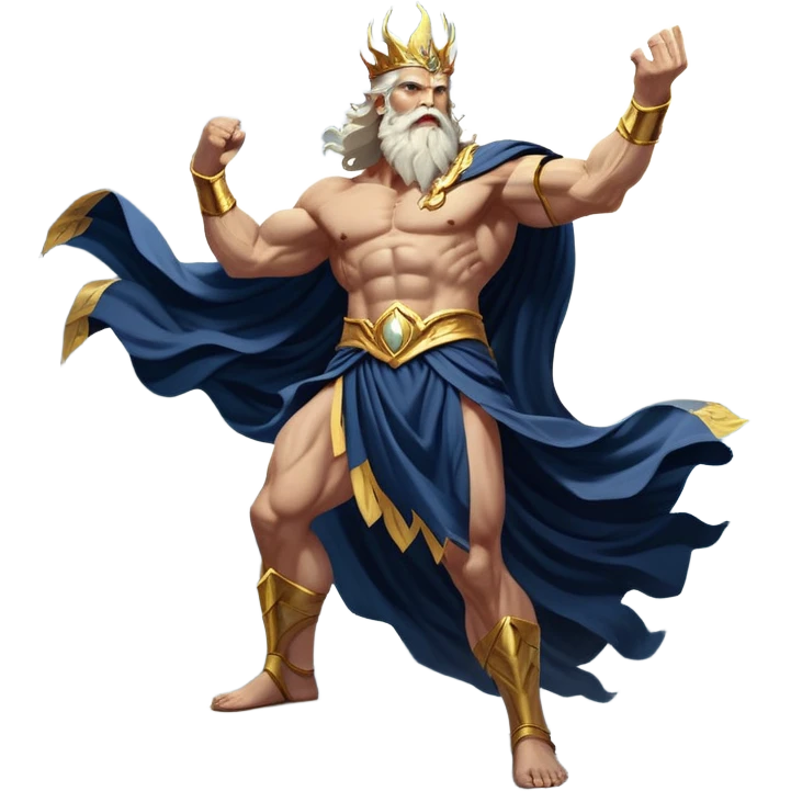 Cinematic-realistic Zeus, the mighty ruler of Olympus, standing atop a stormy mountain peak. His glowing eyes crackle with divine energy as he raises his muscular arm, summoning a bolt of lightning that splits the darkened sky. His flowing white beard and golden laurel crown shimmer under the raging tempest, while his billowing toga flutters against the roaring winds, embodying the unstoppable power of the gods. emoji