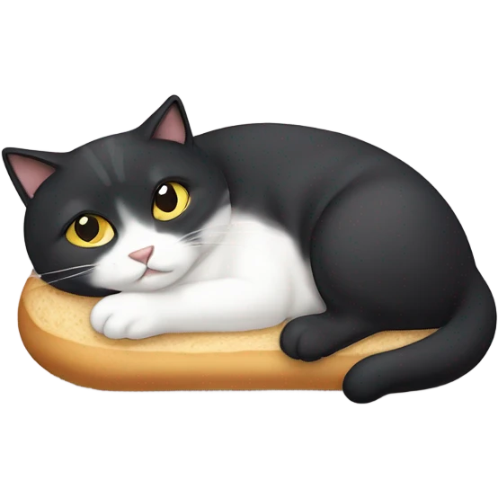 Fat black cat laying down, looking like a loaf of bread ￼ emoji
