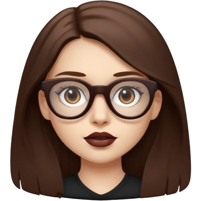 white-skinned girl with long brown hair with darker brown underlayer, brown glasses, brown lipstick, half-body emoji