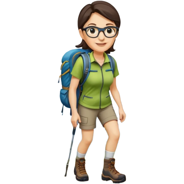 Woman in her 40s with glasses wearing sporty outfit, hiking boots, and backpack looking happy and curious emoji