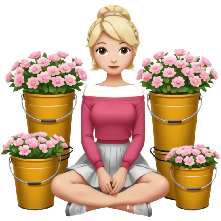a blond girl  sitting  near various bouquets of flowers in metal buckets a white and pink flowers , Her hairstyle is slightly messy updo. She wears a red off-shoulder cardigan and a white long skirt. Her leg is extended forward toward the camera, appearing long and graceful. emoji