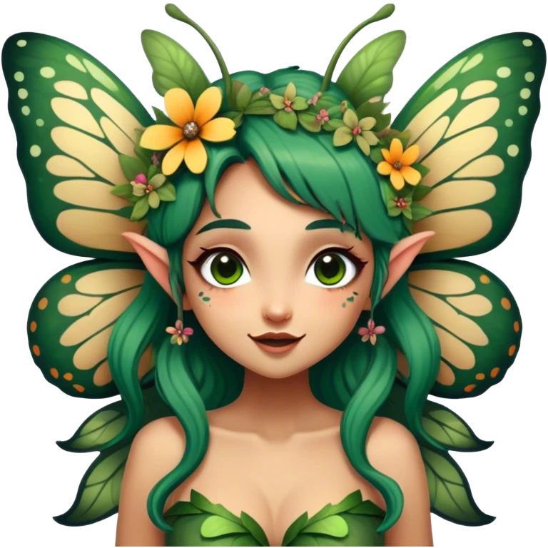 Cinematic Realistic Forest Fairy Portrait, head tilted dramatically with an exaggeratedly amused expression, featuring a striking, nature-infused form with glowing, sun-kissed tanned skin and vividly detailed dark green hair adorned with floral accents. Her expressive eyes brim with playful forest mischief, rendered with vibrant, lifelike textures and dynamic dappled lighting that conveys a spirited, over‐the‐top woodland whimsy showing her large butterfly wings from her back. emoji