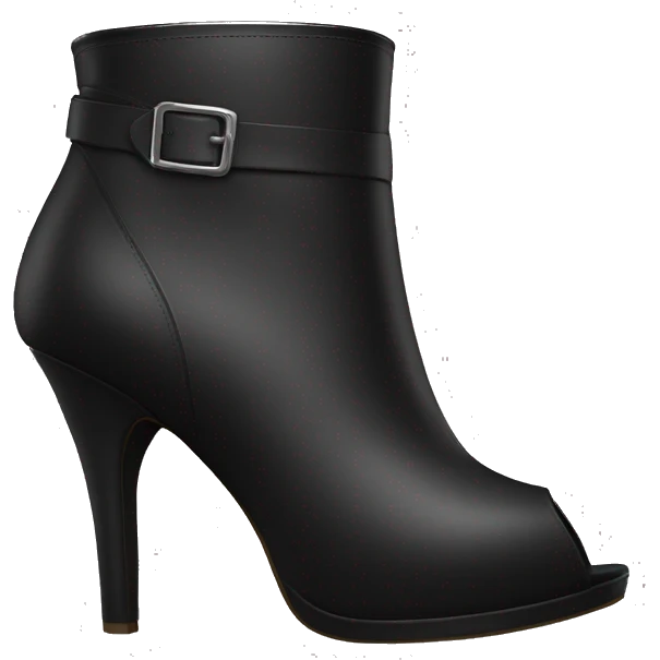 Realistic pair of black peep toe leather high heel bootie boots facing forward.  emoji