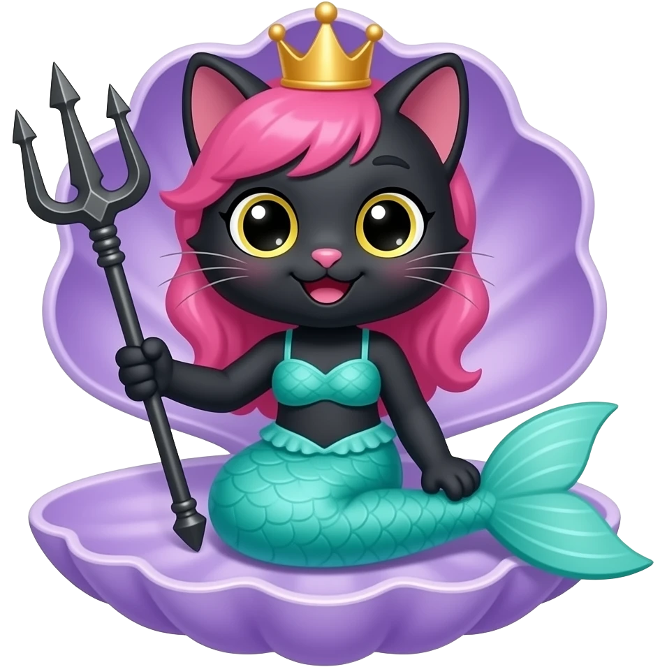 black anthro cat  happy #B8FFFF mermaid tail and   pink hair crown green swimsuit sitting on an open purple clam holding a trident emoji