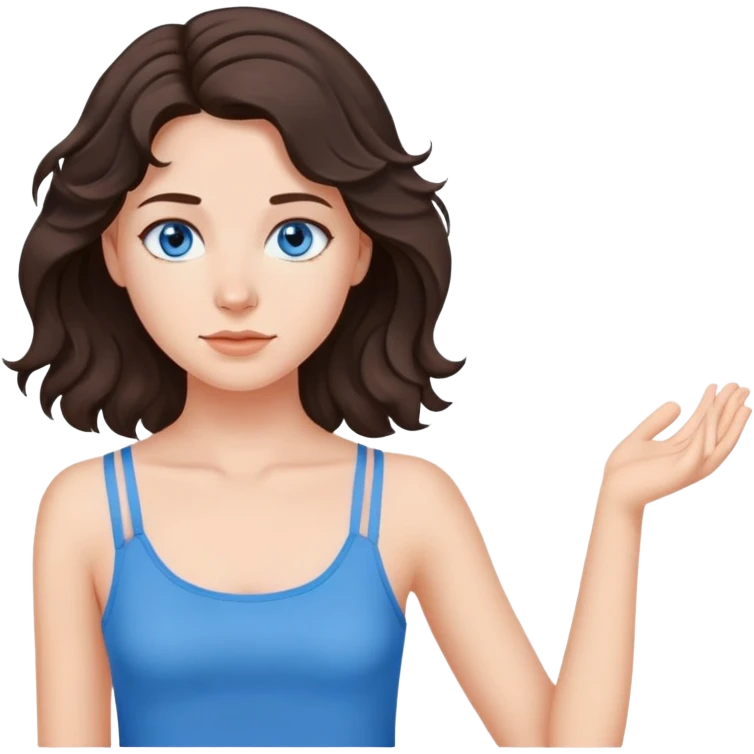 a girl with dark brown wavy hair just below her shoulders, with gray-blue eyes, in a blue tank top with thin straps emoji