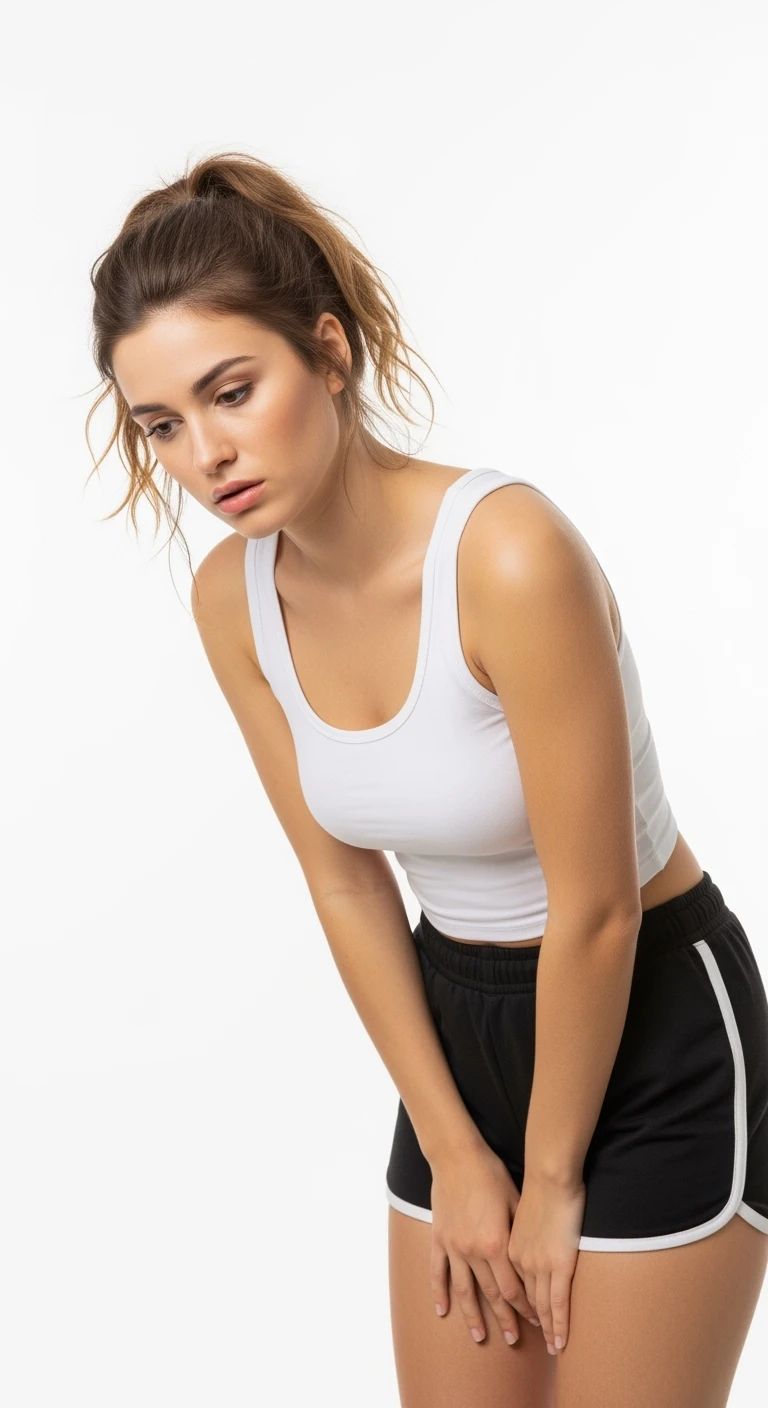 donna giovane con cellulite in gym short leggermente piegata in avanti, con espressione dispiaciuta in volto isolata su sfondo bianco emoji