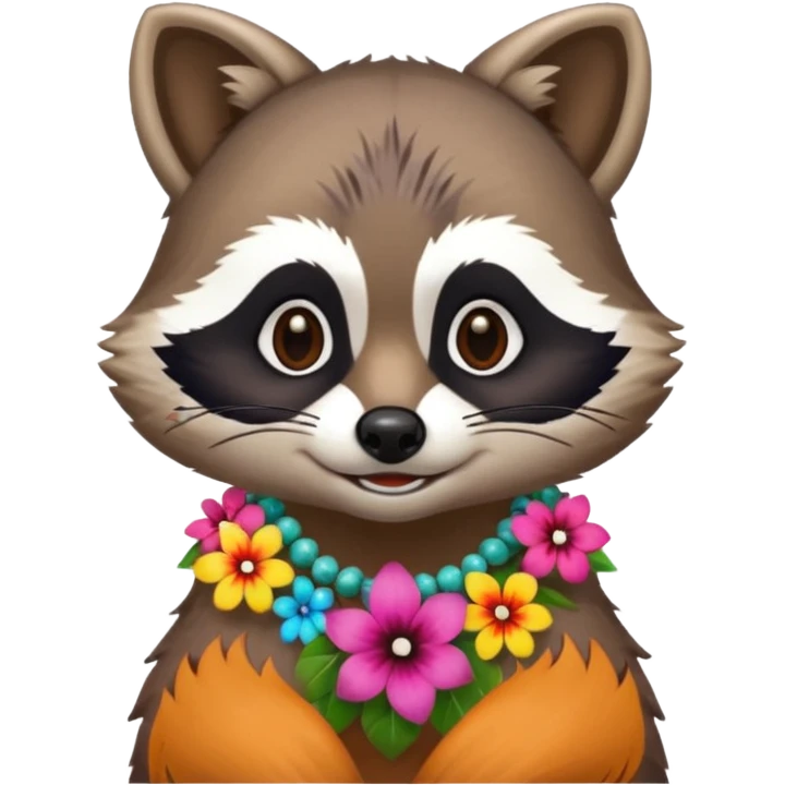 A playful raccoon wearing a hawaiian flower necklace, looking festive. emoji