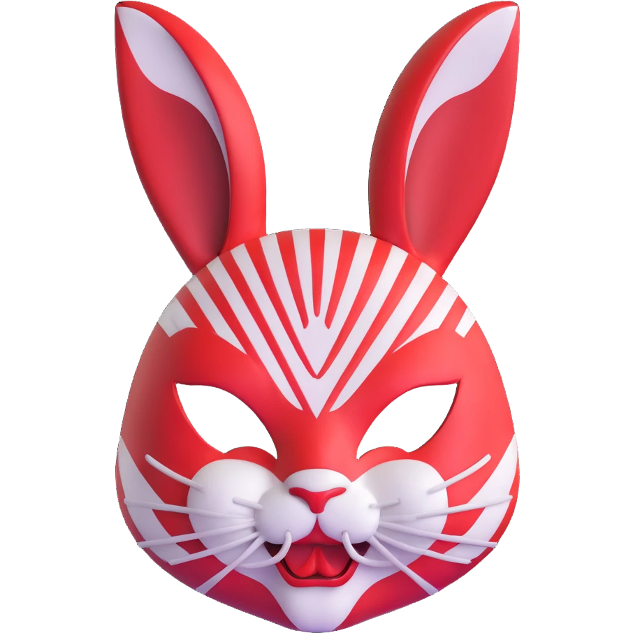 stylized usagi rabbit kabuki mask, red and white, angry expression, highly detailed emoji