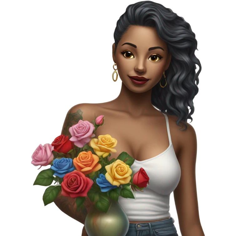 Hyper Realistic beautiful woman model with a small rose tattoo arranging flowers in a vase emoji