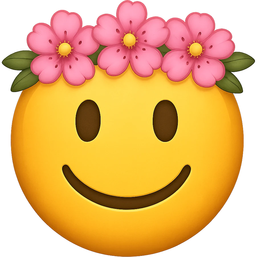 yellow face with pink flower crown emoji, digital illustration, remove background emoji