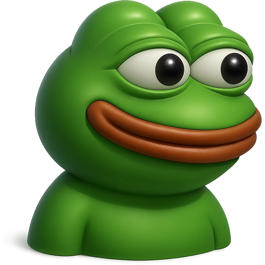 make a pepe in bright green smiling with thought bubble looking at right side in 3d style, good highlights and shadows, drop shadows emoji