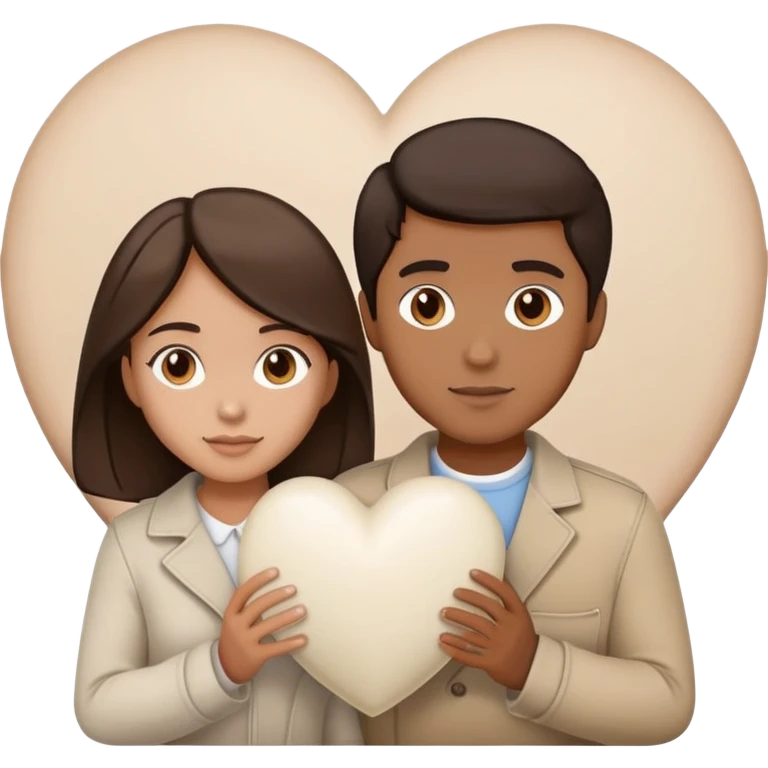 A couple with dark brown hair and mixed skin tone inside a white heart, wearing beige clothes emoji