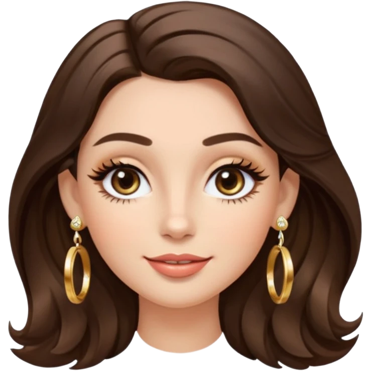 Luxury Milan girl Greta emoji: oval face, flawless skin, big light almond eyes with lashes/eyeliner, arched brows, flirty half-smile glossy lips, beauty mark, wavy warm brunette hair, gold hoop earrings, soft glow, champagne bg with sparkles, 3D sticker style, centered. emoji